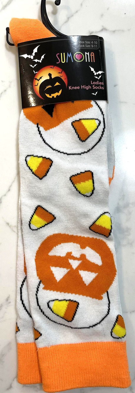 SUMONA Socks Womens One Size Knee Highs Halloween Candy Corn Pumpkin